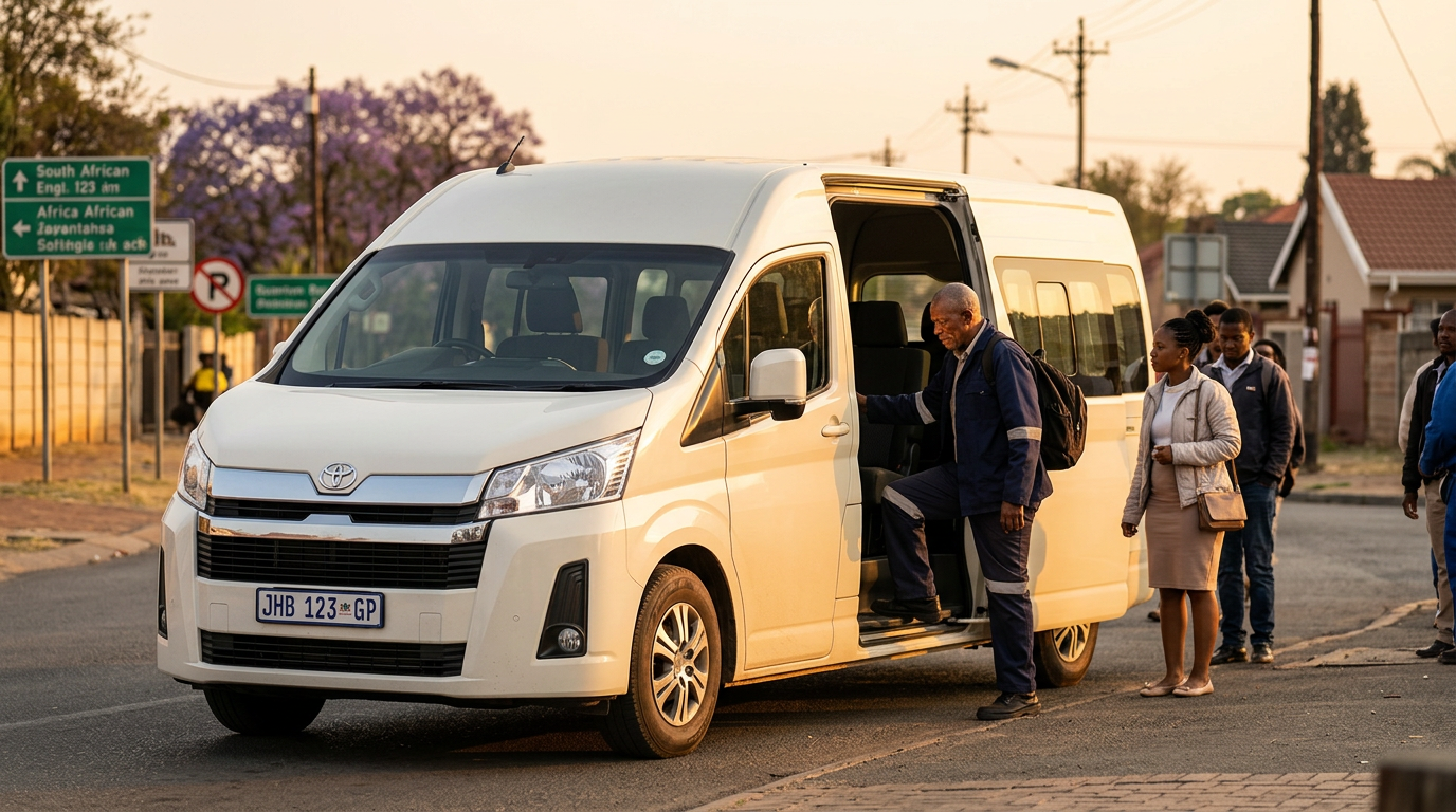 Broadway Affiliated Toyota Quantum GL 14-seater minibus in ivory white with the sliding side door open as South African workers and commuters board and exit at golden hour — safe, comfortable staff and passenger transport across Gauteng.