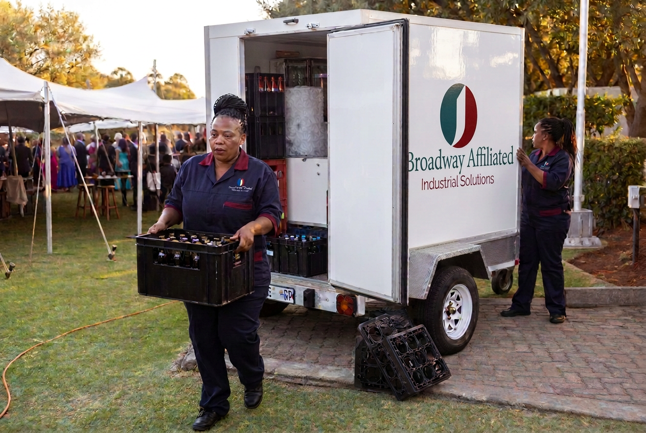 Mobile cooler trailer set up outside a Gauteng venue for a function