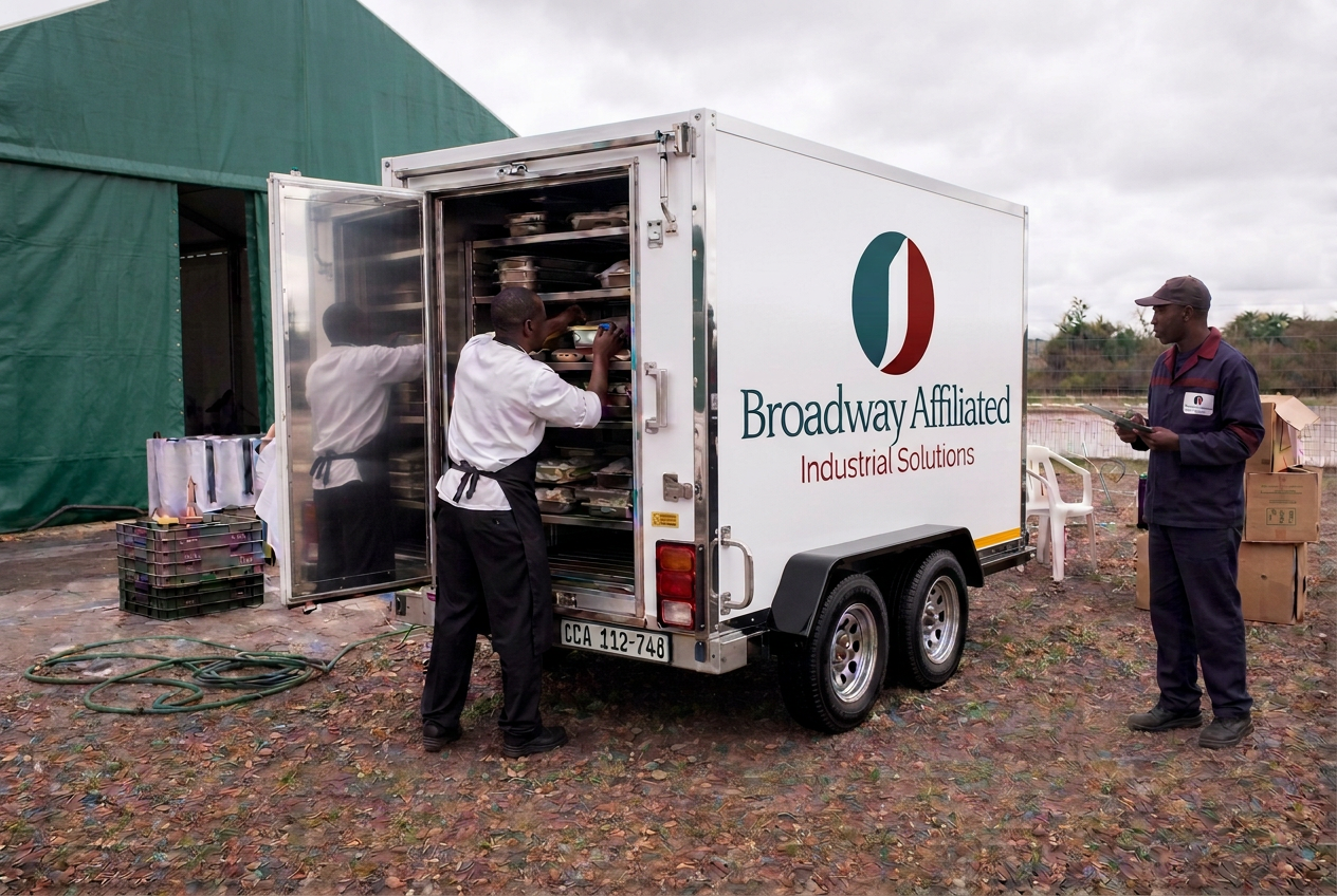 Mobile fridge trailer with open door showing chilled shelving at an event