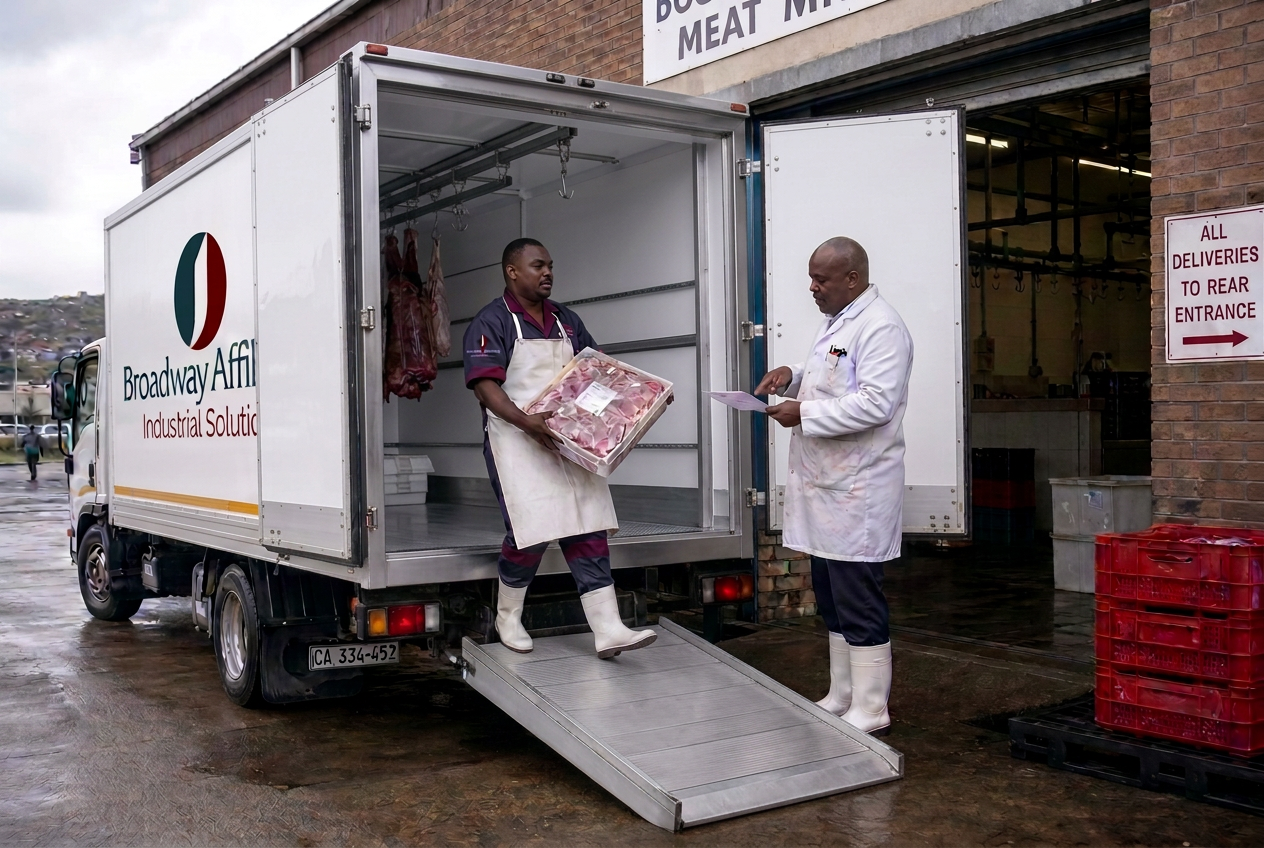 Refrigerated truck offloading fresh meat at a butchery cold room